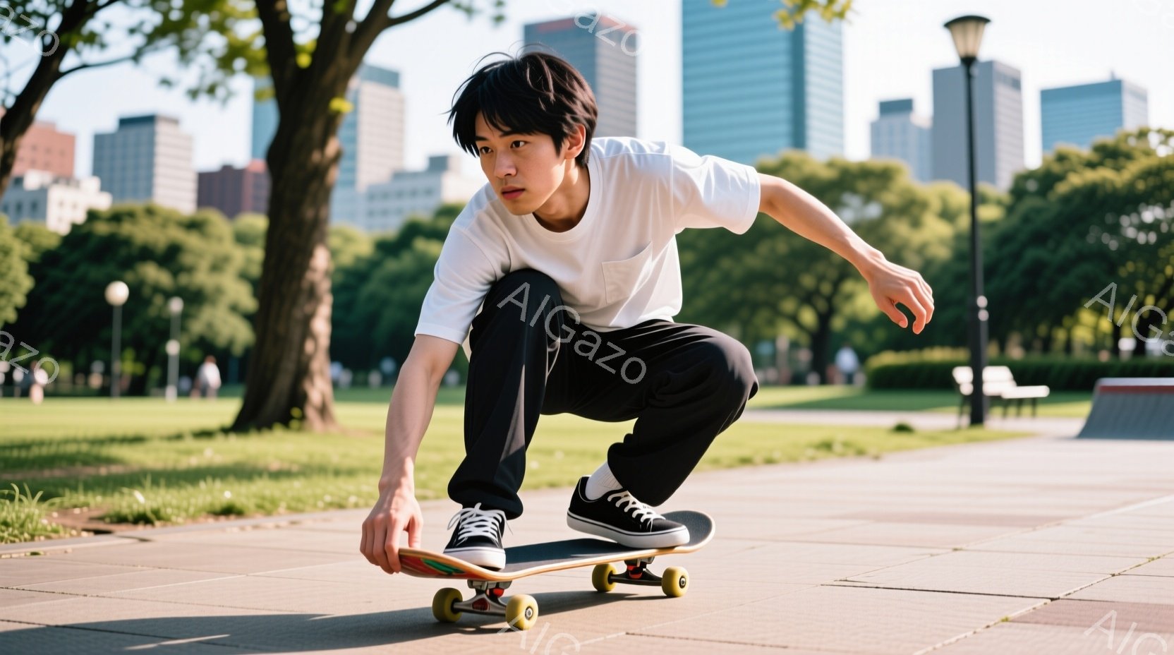 若い男性がスケートボードに乗って、ひざまずくような姿勢をとっています。白のTシャツと黒のズボンを着用し、黒髪を短く切っています。背景には緑豊かな公園、近代的な建物、そして晴れた空が広がっており、全体的に活気があり、若々しい雰囲気です。