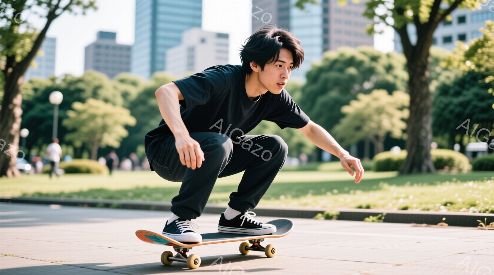 黒いTシャツとジョガーパンツを着た若い男性が、スケートボードに乗ってポーズを取っている。彼は少しうつむき加減で、集中した表情をしている。背景には緑豊かな木々や建物が見え、晴れた日の公園で撮影された様子 - AI生成フリー素材