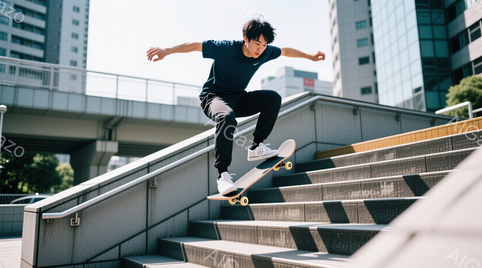 若い男性がスケートボードで階段から飛び降りる瞬間を捉えた写真です。彼は黒いTシャツと黒いパンツを着用し、白のスケートシューズを履いています。背景には近代的な建物が立ち並び、晴天の下、躍動感あふれるスト - AI生成フリー素材