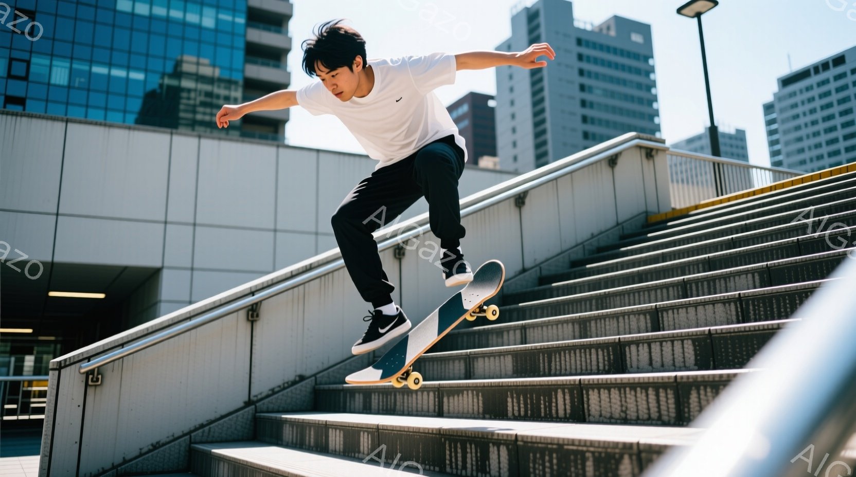 白いTシャツに黒いパンツ、スニーカーを履いた男性が、コンクリートの階段でスケートボードに乗ってジャンプしている。彼は髪を短く切り、空を見上げているように見える。背景には近代的な建物が立ち並び、晴れた空 - AI生成フリー素材