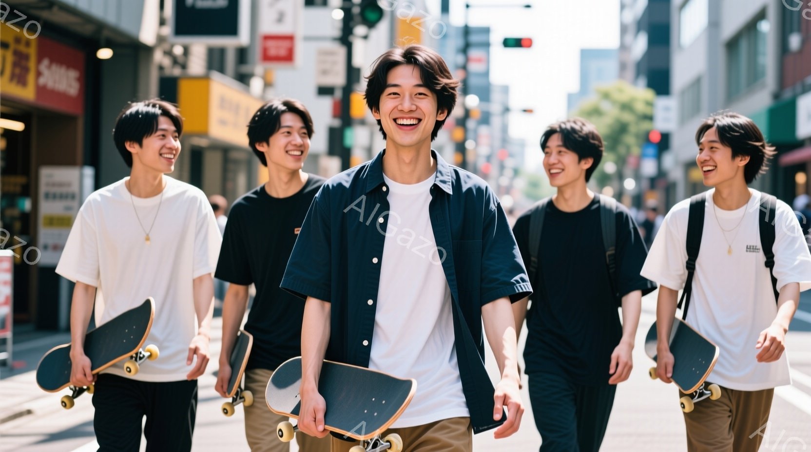 5人の若い男性が、スケートボードを持って歩道で歩いている。彼らは皆、白いTシャツとダークカラーのパンツまたはショートパンツを着用し、カジュアルな服装をしている。背景には建物や木々が見え、晴れた日の街並 - AI生成フリー素材