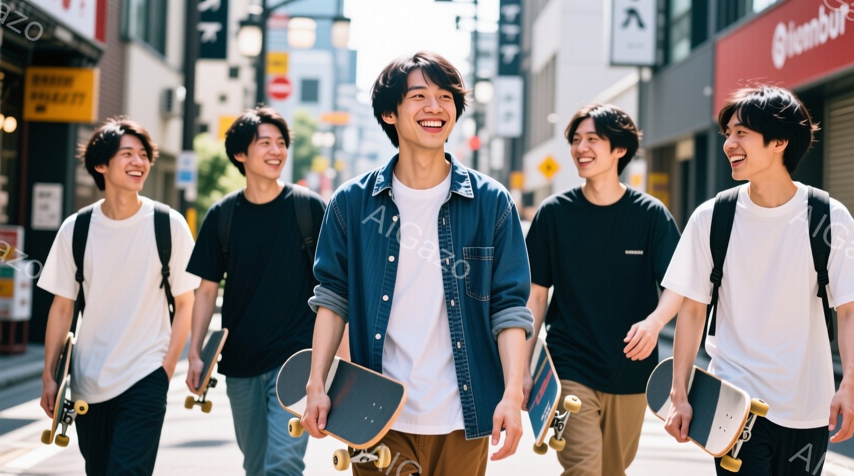 スケートボードを持つ5人の若い男性が写っています。彼らは皆白いTシャツを着ており、髪型は短髪で、明るい笑顔を浮かべています。背景には、建物や看板が見え、晴れた日の街並みを歩いている様子から、リラックスした陽気な雰囲気が伝わってきます。