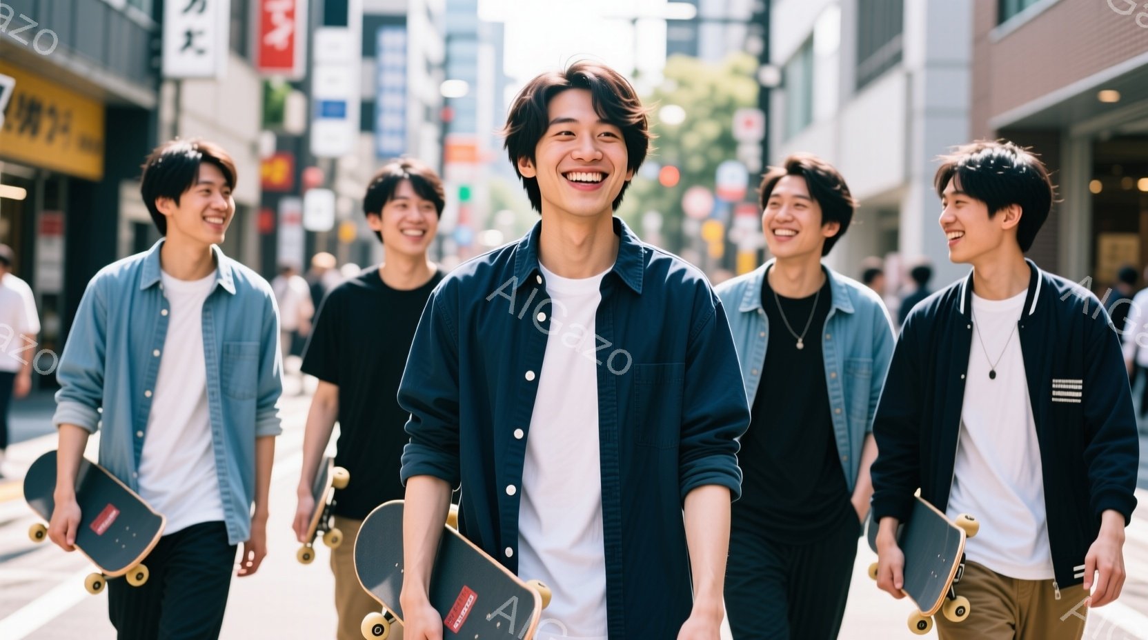 5人の若い男性がスケートボードを持って歩いている写真です。彼らは皆、カジュアルな服装で、デニムシャツやTシャツを着ています。背景には建物や商店が並び、晴れた日の街の様子がうかがえます。 - AI生成フリー素材