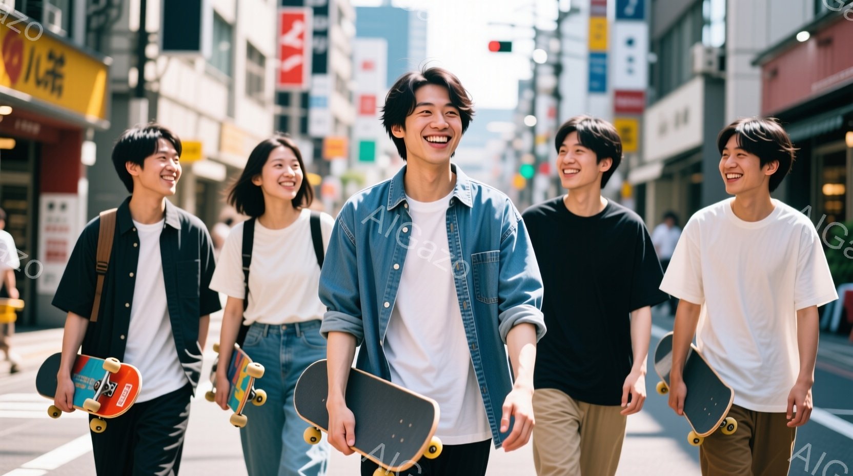 若者グループがスケートボードを持って歩いている写真です。彼らは皆カジュアルな服装で、白いTシャツにデニムやショートパンツを着用しています。背景には、日本の街並みが広がり、晴れた空と高い建物が見え、明る - AI生成フリー素材