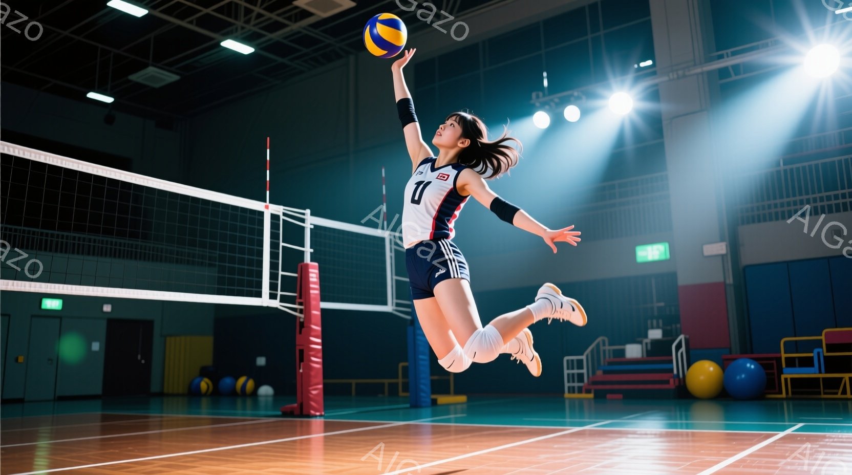 バレーボール選手がジャンプしてスパイクを打つ瞬間を捉えた写真です。彼女は、青と白を基調としたユニフォームを身に着け、髪はポニーテールに結ばれています。背景には、バレーボールコートと観客席、そしていくつ - AI生成フリー素材