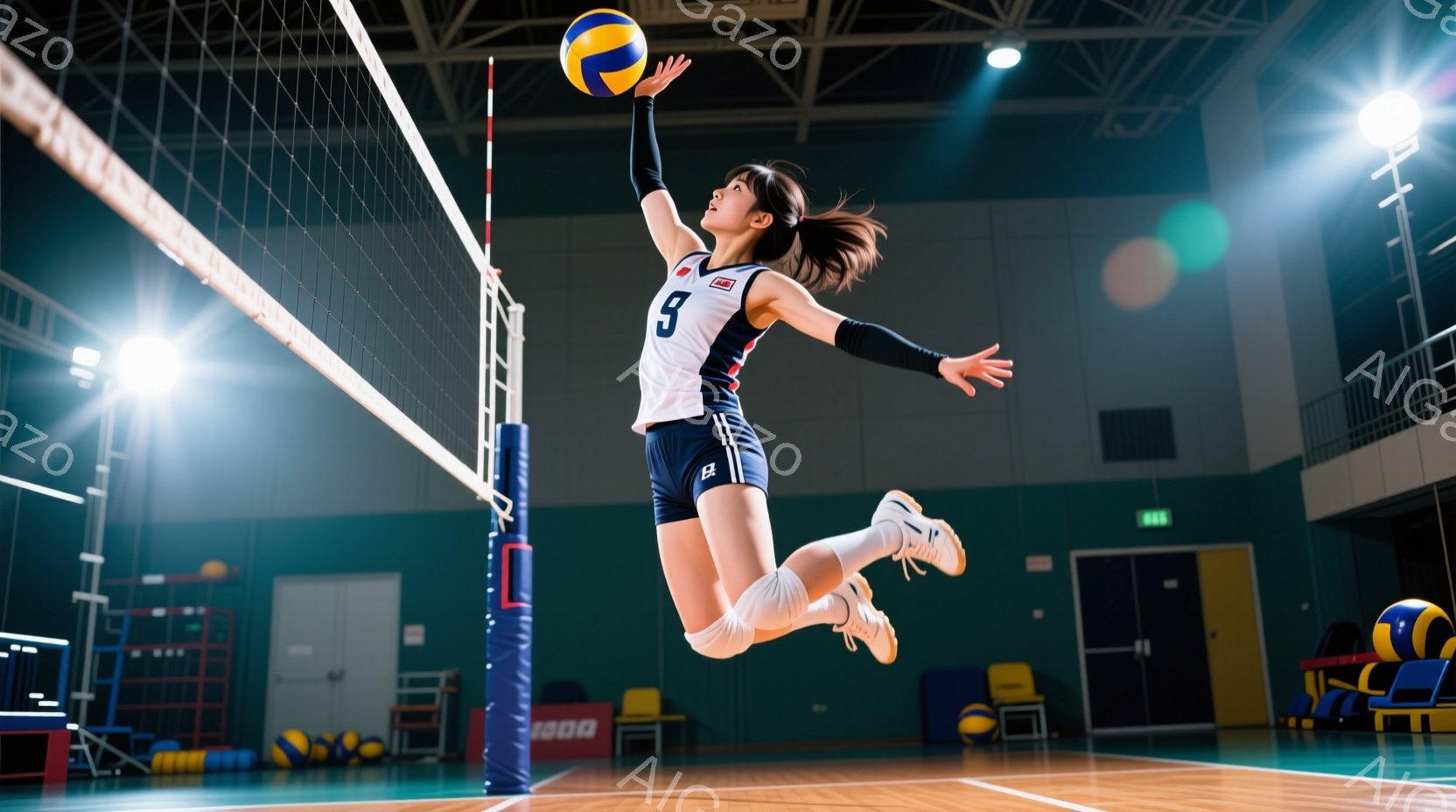 バレーボール選手がジャンプしてスパイクを打つ瞬間を捉えた写真です。彼女は赤いトリムと青いラインが入った白いユニフォーム、膝上までのショートパンツ、白いソックスとスニーカーを着用しており、髪はポニーテールに結ばれています。背景は屋内バレーボールコートで、ネット、観客席、その他のスポーツ用品が見え、活気のある競技の雰囲気が漂います。