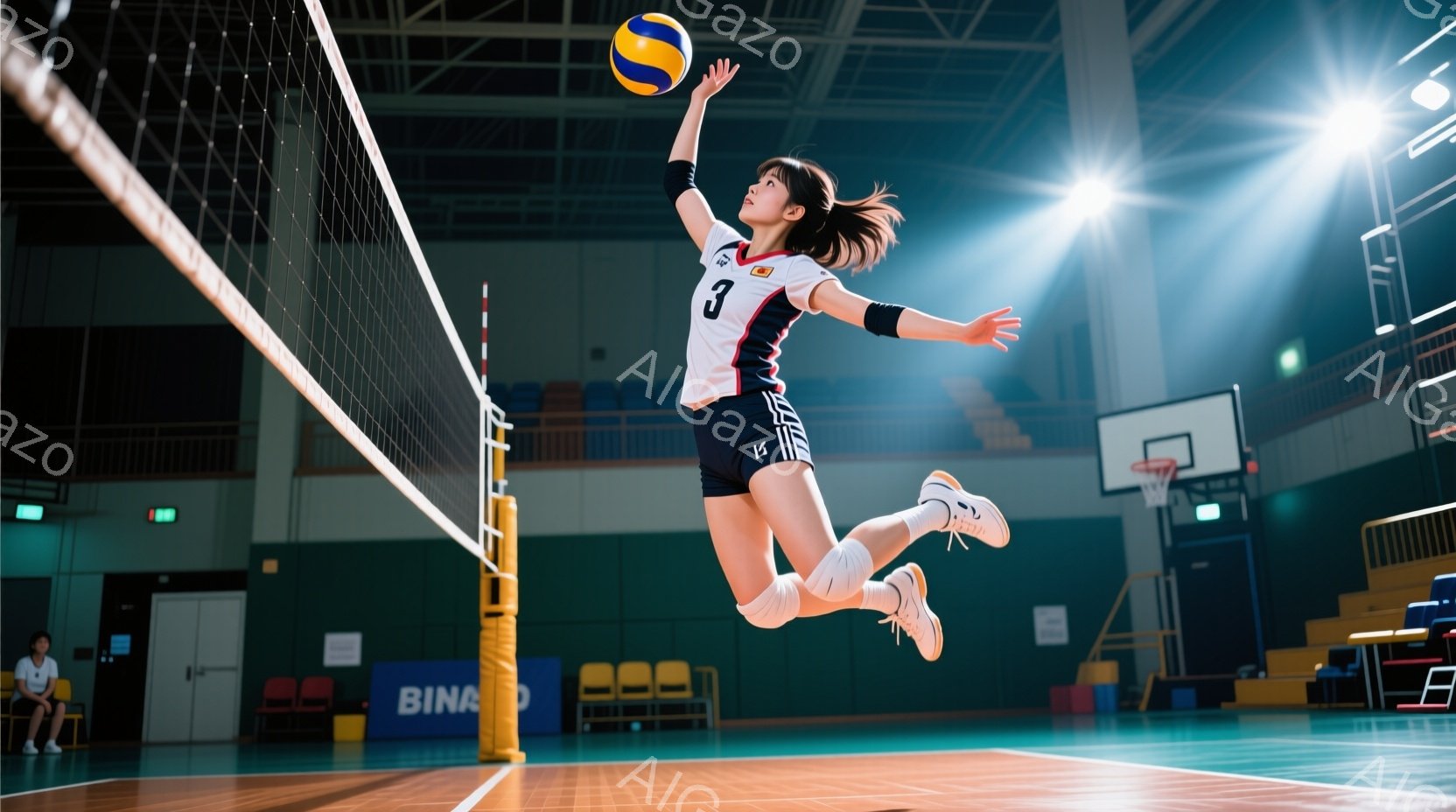 バレーボール選手がジャンプしてスパイクを打ちようとしています。彼女は白いシャツに黒いショートパンツ、そして運動靴を着用しており、髪はポニーテールに結ばれています。背景には、観客席やネット、そして薄暗い体育館の様子が見え、臨場感あふれる雰囲気です。