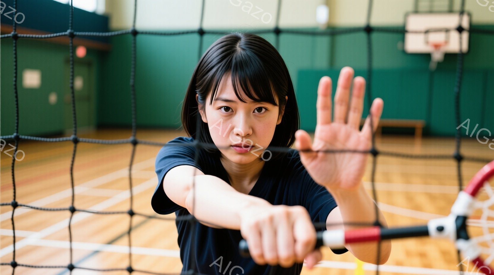 黒髪の女性がテニスラケットを持って、ネットの前に立っている様子が写っています。彼女は黒いTシャツを着ており、真剣な表情で片手を前に伸ばしています。背景には体育館の床と壁、そしてバスケットボールのゴール - AI生成フリー素材