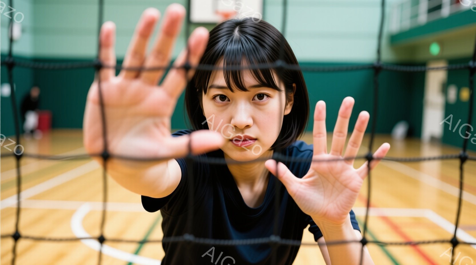 黒い髪を肩のあたりで切りそろえた若い女性が写っています。彼女は黒いTシャツを着ており、両手をネットの前に広げて、何かを制止するようなポーズをとっています。背景は体育館の床で、木目調の床と壁、遠くには人影が見えます。