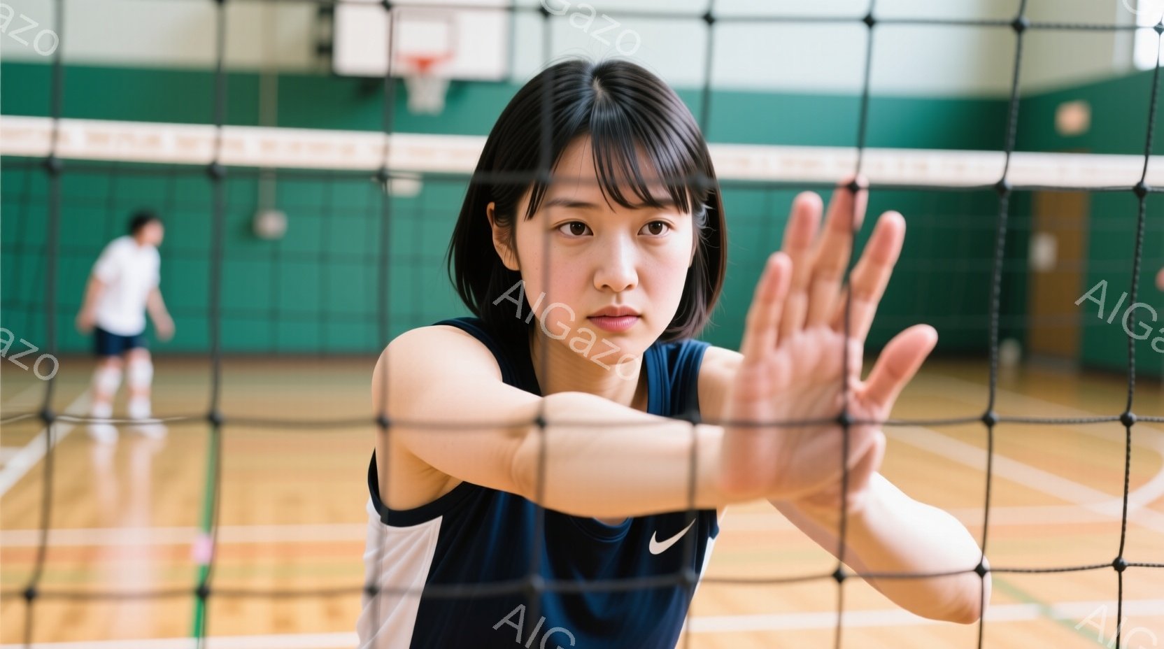 屋内体育館でネットの前に立つ女性を捉えています。彼女は濃い青色のタンクトップと短い運動用パンツを身につけ、前髪を下ろした黒髪です。彼女は片手を前に伸ばし、何かを阻止するような、または防御するような姿勢をとっており、表情は真剣です。