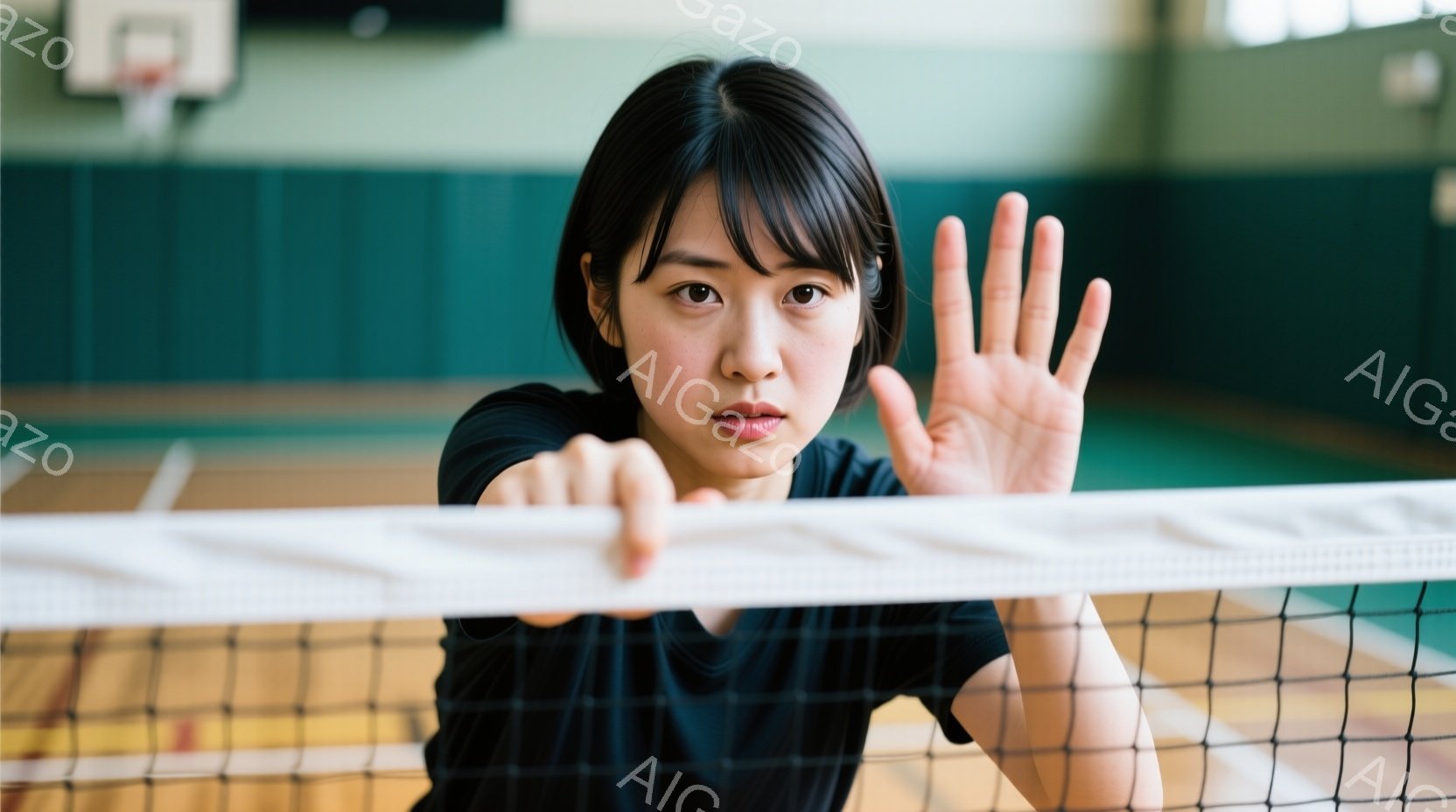 屋内バドミントンコートで、黒いTシャツを着た若い女性が映っています。彼女はネットに手を置き、やや真剣な表情でカメラを見ています。背景は緑色の壁と木の床で、天井にはバスケットゴールが見えます。