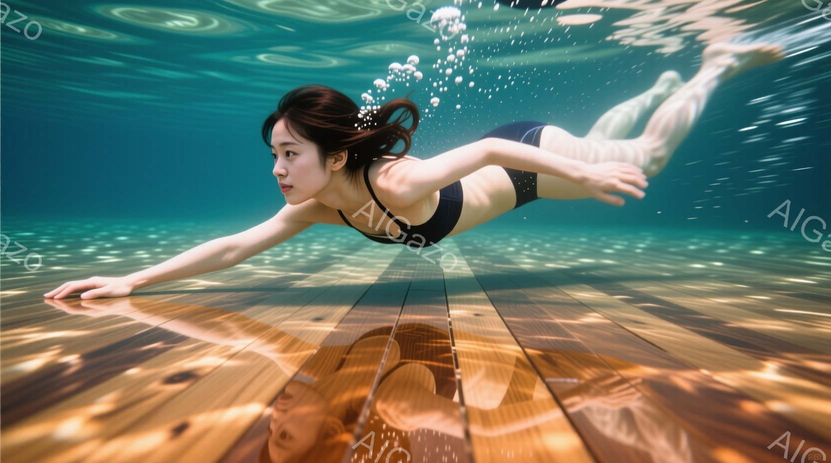 水中で女性が泳いでいる様子が写っている。彼女は黒いビキニを着ており、長くダークブラウンの髪は水中で広がっている。背景は木目のような模様の床で、光が反射して幻想的な雰囲気を醸し出している。
