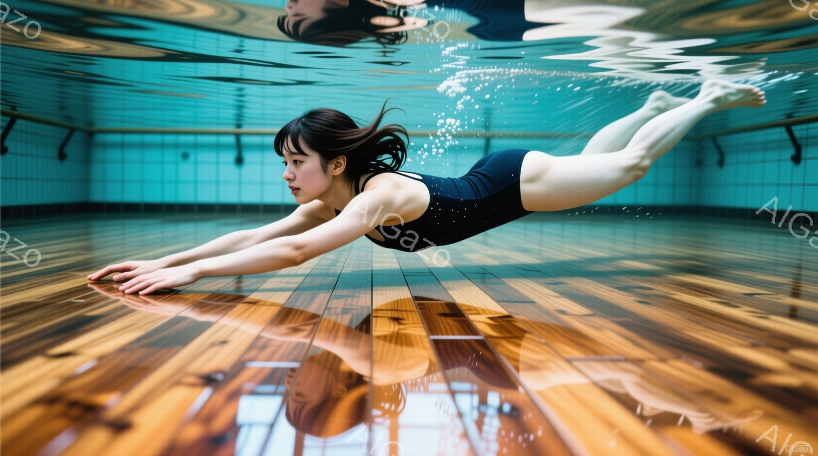 水中で水平に泳いでいる女性が写っている。彼女は黒い水着を着ており、髪は後ろでまとめて水中に漂っている。タイルの張られたプールの底が反射しており、水中に小さな泡が舞っている様子から、静かで幻想的な雰囲気が漂う。