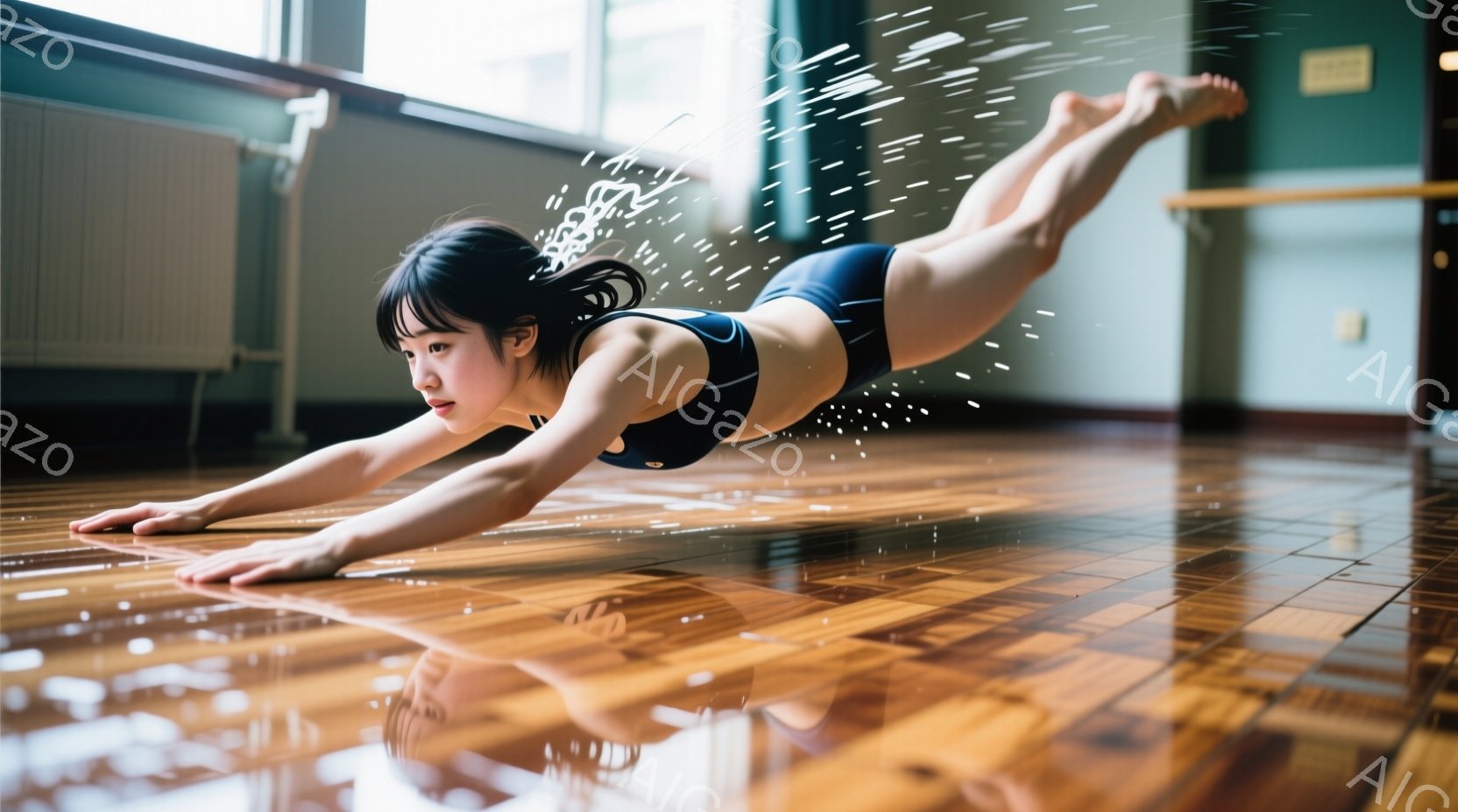 体育館のような場所でプランクをしている女性が写っています。彼女は黒いスポーツブラと紺色のショートパンツを着用し、髪を後ろでまとめている。彼女の表情は真剣で、身体は床と平行に保たれており、まるで運動の最中に水しぶきが飛び散っているかのようなエフェクトが加えられています。