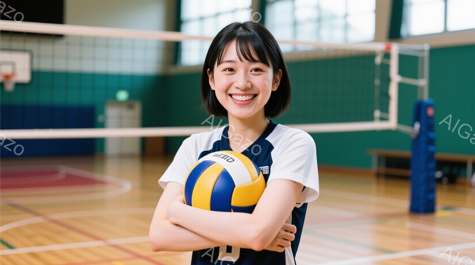 この女性は、体育館でバレーボールを抱きしめて笑顔を浮かべています。彼女は白い上半身と濃い青色の下半身のスポーツウェアを着ており、髪は後ろでポニーテールに結ばれています。背景にはバレーボールネットと体育 - AI生成フリー素材
