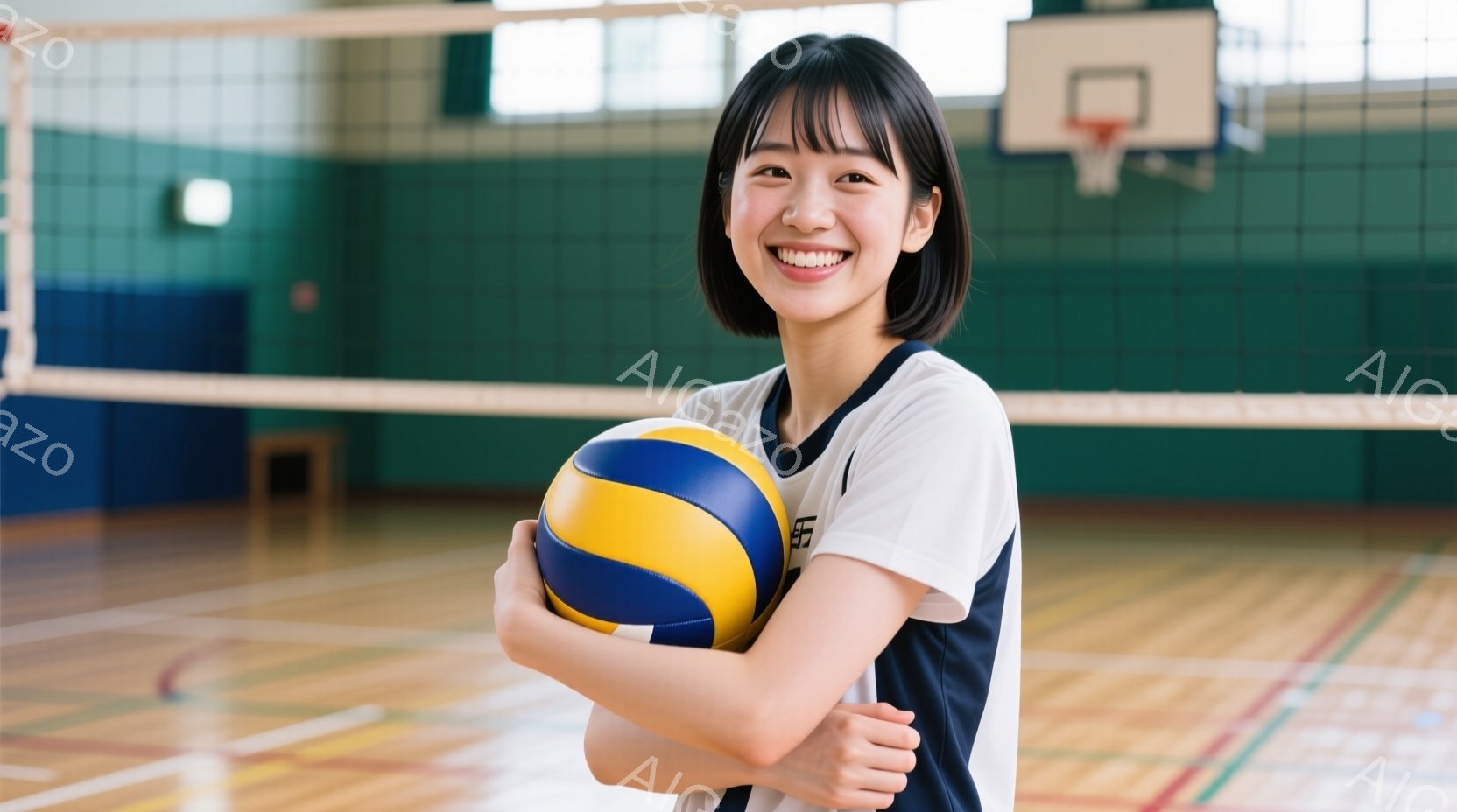 短い黒髪で、笑顔の女性がバレーボールを抱えています。紺と白のバレーボールユニフォームを着ており、体育館の床には木目調のフローリングが広がっています。背景にはネットとバスケットボールのゴールが見え、明る - AI生成フリー素材