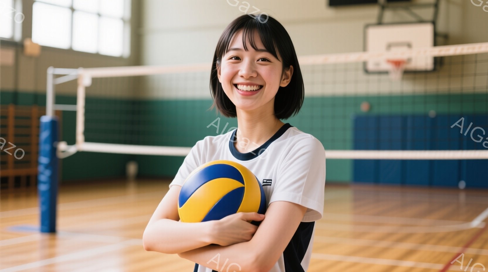 この女性は体育館で、腕を組んでバレーボールを持っています。彼女は白いTシャツを着ており、前髪を伸ばしたダークヘアです。明るい笑顔を浮かべており、背景にはネットとバスケットゴールが見えます。