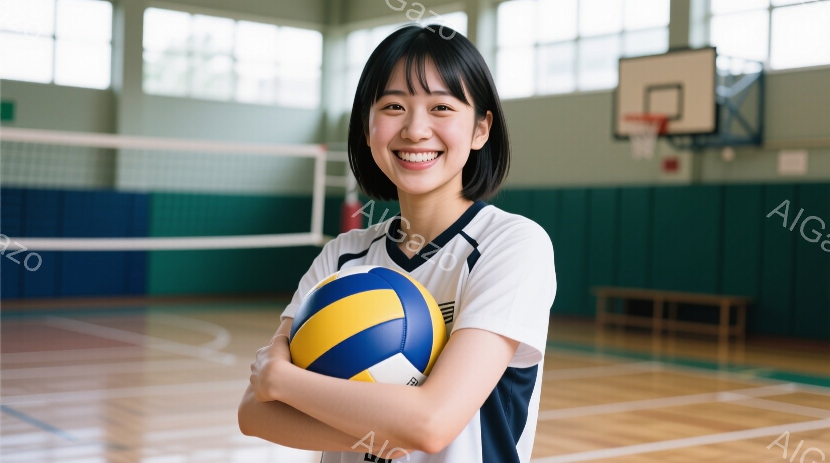短い黒髪の女性が体育館でバレーボールを抱きかかえて立っています。彼女は白いTシャツと黒いショーツを着ており、明るい笑顔を浮かべています。背景にはバレーボールネットとバスケットボールゴールが見え、明るく - AI生成フリー素材