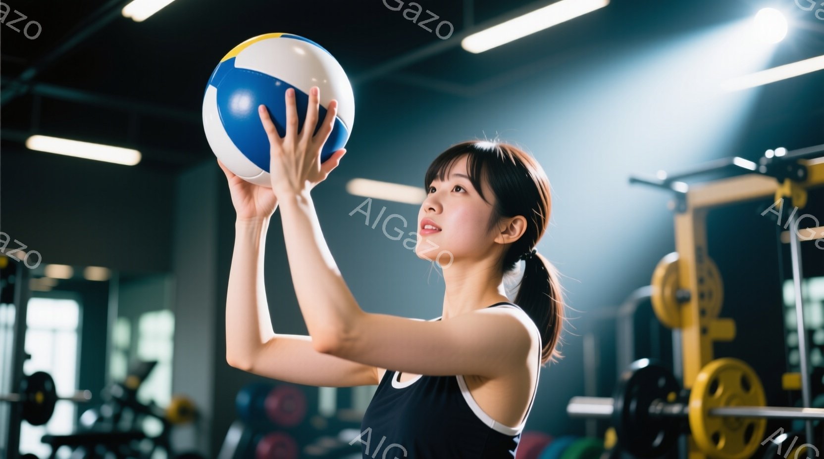 黒のタンクトップとスポーツウェア姿の女性が、ジムでバレーボールを高く掲げています。彼女はポニーテールで髪をまとめ、少し上目線で真剣な表情を浮かべています。ジム内にはトレーニング機器が並び、集中した雰囲 - AI生成フリー素材