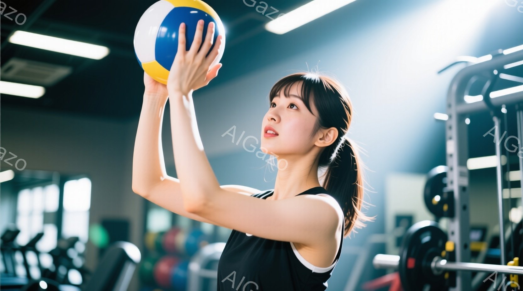 黒いタンクトップを着た若い女性が、ジムでバレーボールを持っている。彼女はポニーテールで髪を結い、少し上目線でボールを見つめている。ジムの背景には、ウェイトトレーニング器具が並び、集中したトレーニングの雰囲気が漂っている。