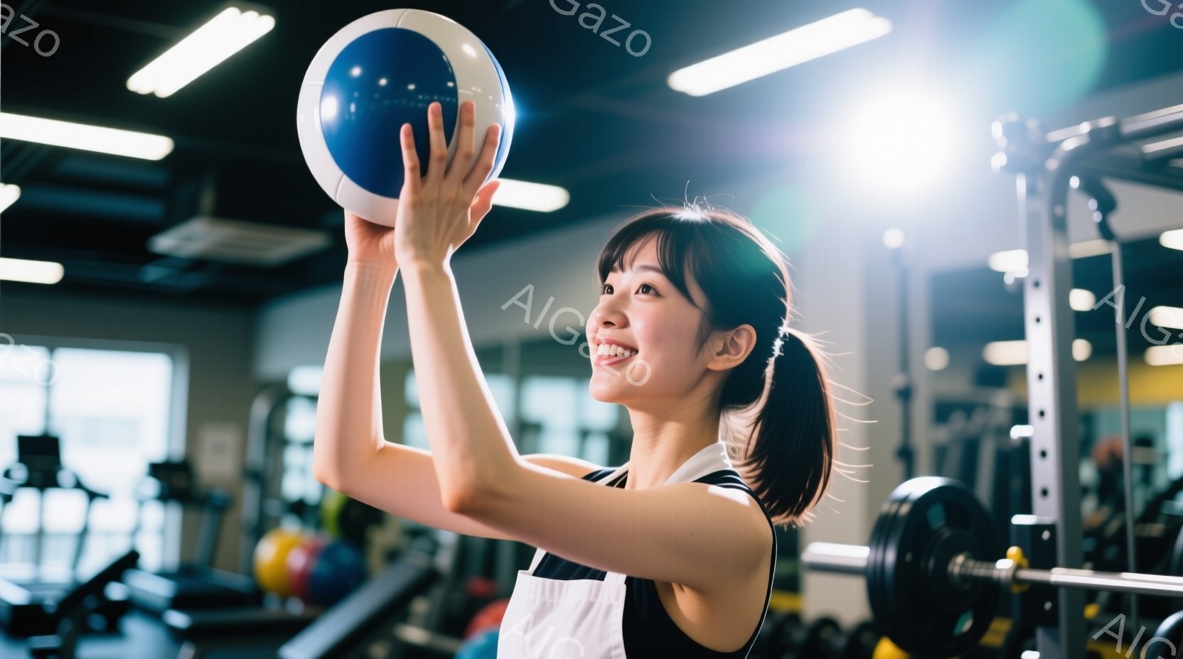 女性はジムで青いエクササイズボールを高く掲げています。彼女は黒いタンクトップと白いスポーツブラ、そしてポニーテールで、笑顔で少し上を見上げています。背景には、トレッドミルやウェイトなどのジム機器がぼやけて見え、明るい光が差し込んで活気のある雰囲気です。