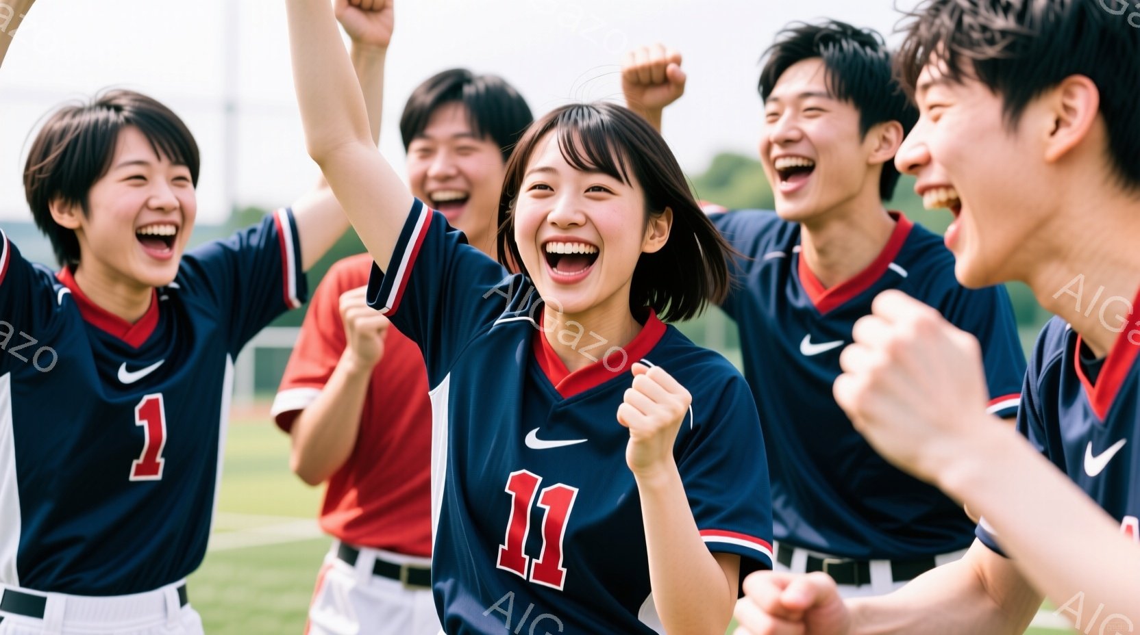 紺色の野球ユニフォームを着用した若い男女が、勝利を祝うように腕を上げ、笑顔で写っています。女性は短い髪で、ユニフォームには背番号「11」が、他のメンバーには「1」などの番号が大きく描かれています。背景 - AI生成フリー素材