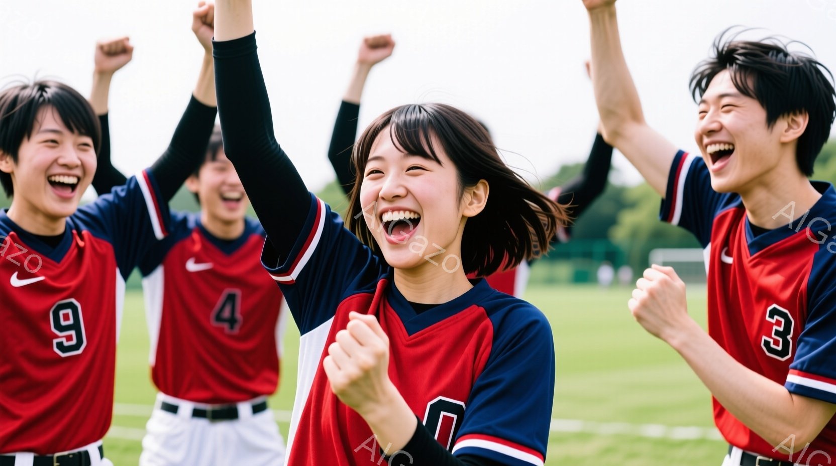 赤いユニフォームを着た若い野球選手たちが喜びの表情で両手を上げています。彼らは白のズボンとベルトを着用し、髪型は短髪で、活気に満ちた表情をしています。背景には緑の野球場とぼやけた木々が見え、晴れた日の - AI生成フリー素材