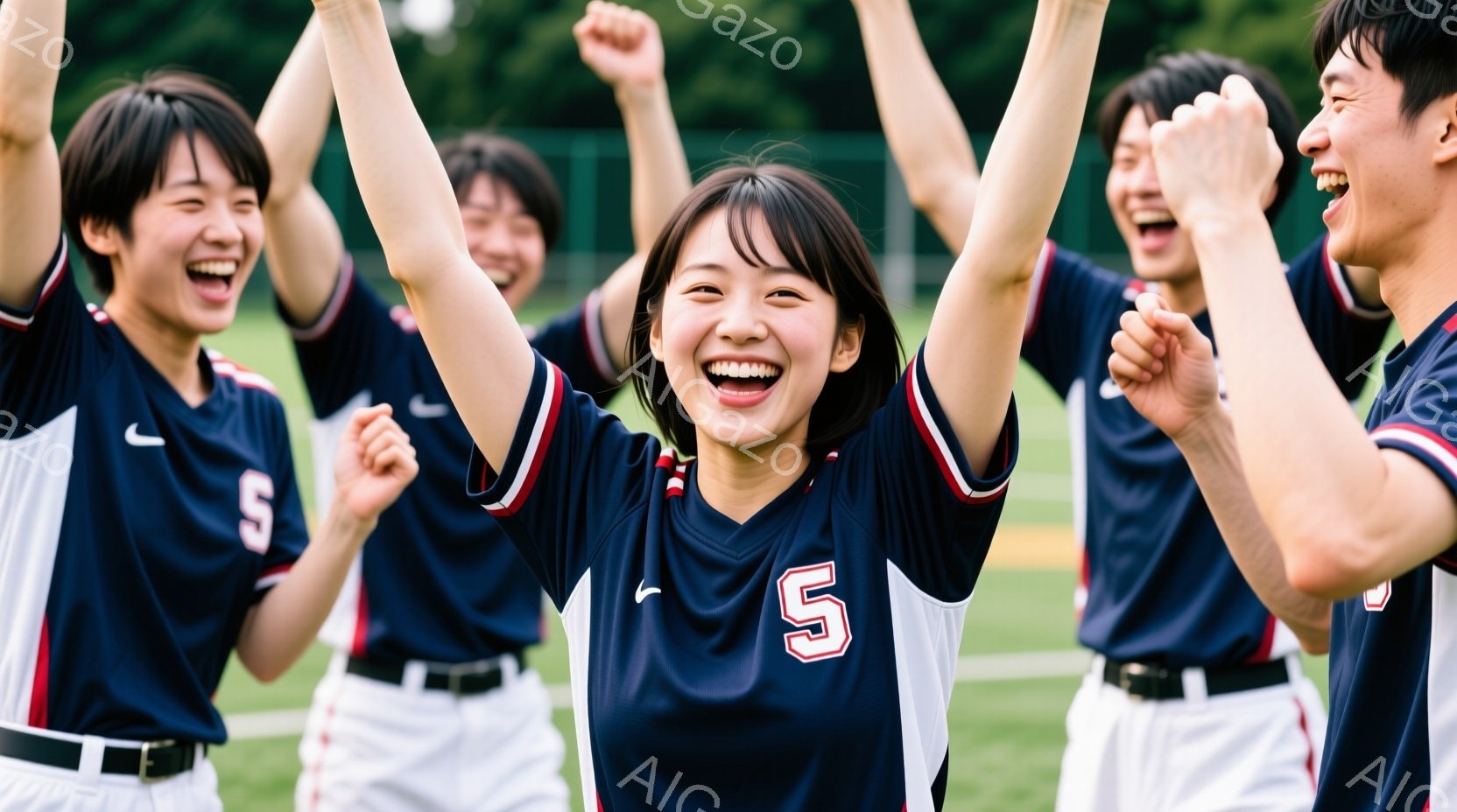 紺色の野球ユニフォームを着た若い女性を中心としたグループが写っています。彼女たちは皆、顔を上げて笑顔で両手を高く上げ、勝利や喜びを祝っているようです。背景には緑豊かな草地が広がり、晴天の下、明るく活気のある雰囲気が伝わってきます。