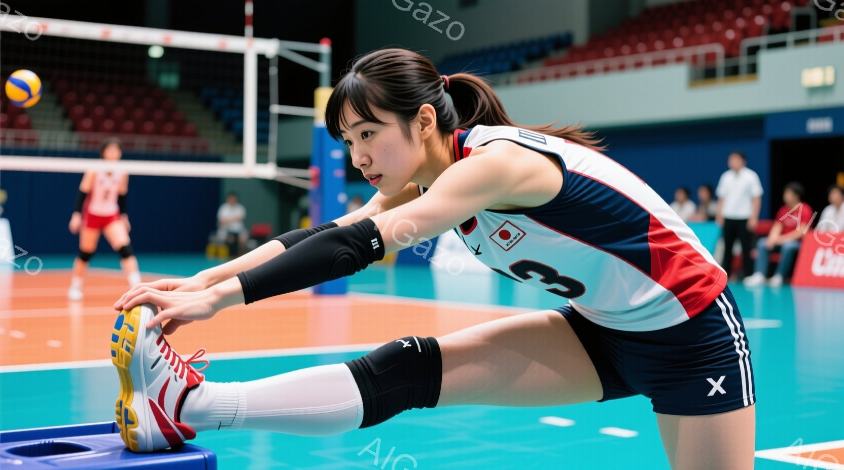 バレーボール選手と思われる女性が、ストレッチを行っています。彼女は赤い、白い、黒いラインの入ったユニフォームを着ており、髪はポニーテールに結ばれています。背景には、観客席と他の選手が見え、体育館の床は - AI生成フリー素材