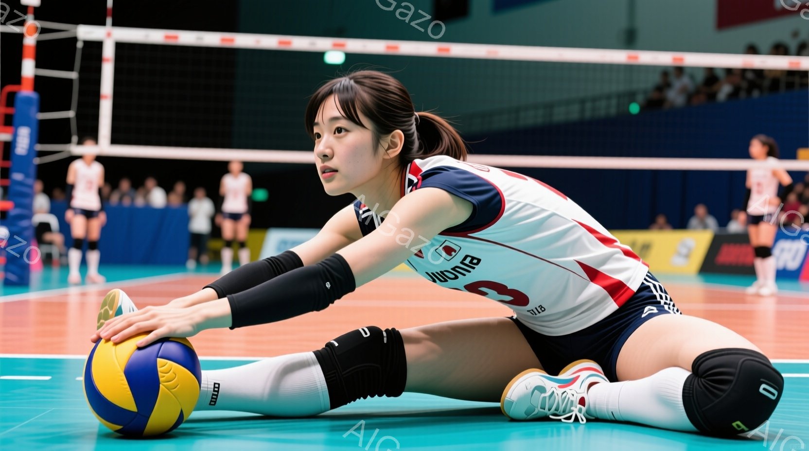 体育館の床に座って体を伸ばしている女性バレーボール選手を捉えています。彼女は、黒のレギンスと膝あて、そして背番号「3」の入った赤いシャツと黒のショーツを着用し、長い髪を後ろでまとめています。彼女は集中した表情で足を伸ばし、バレーボールを両手で抱え、柔軟性を高めるストレッチを行っています。