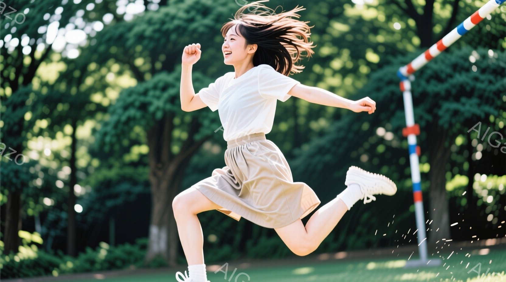 少女は緑の芝生の上を軽やかにジャンプしている。ベージュのスカートと白いTシャツを着ており、髪は肩までの長さで、動きに合わせて自然に広がっている。背景には木々が茂り、青空が広がり、晴れた日の爽やかな雰囲 - AI生成フリー素材