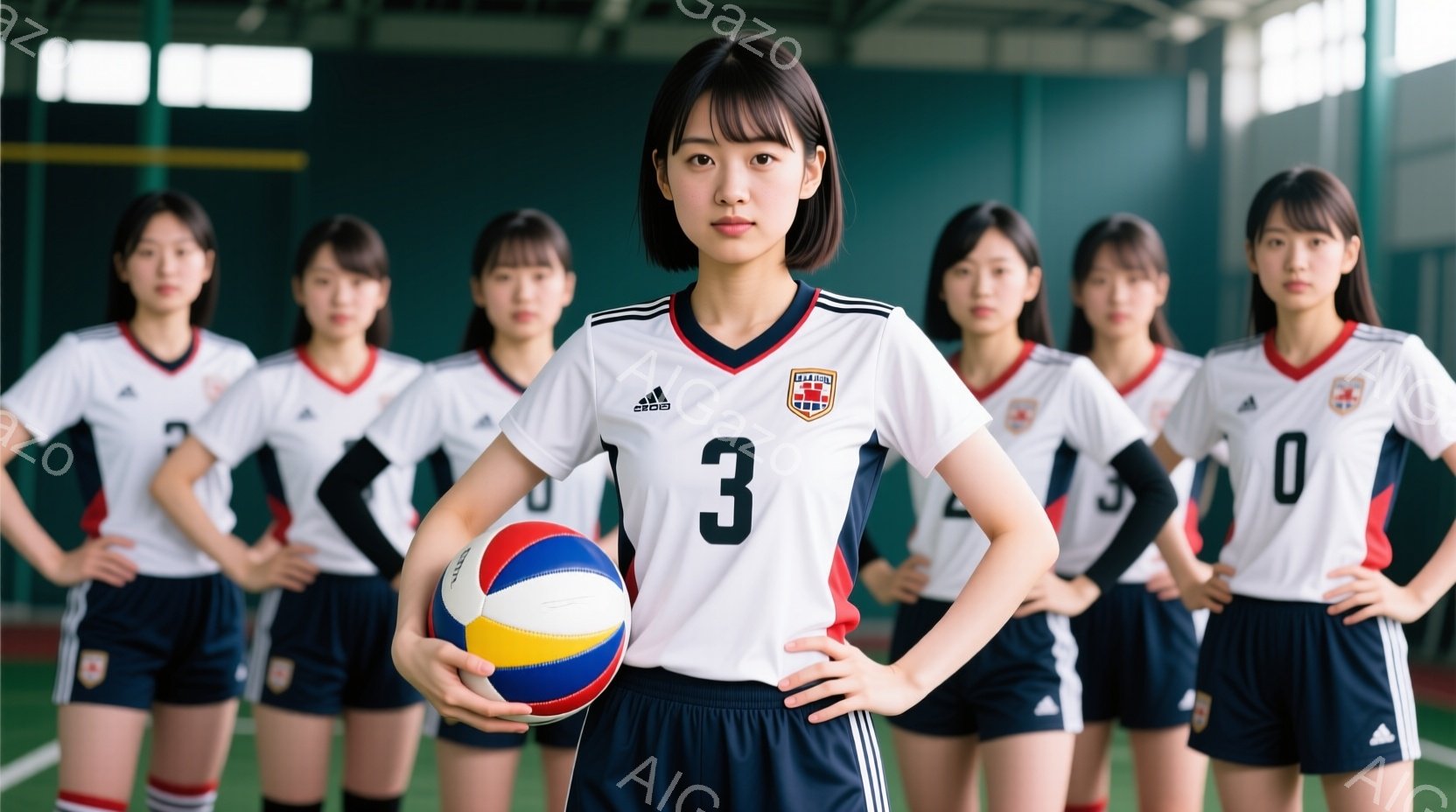バレーボール部の女子学生５人が整列している写真です。白いシャツには数字と日本の旗がデザインされ、紺色の短パンと赤いソックスを履いています。彼女たちは皆、やや真剣な表情で、手前にバレーボールを持ってポーズをとっており、背景は体育館のようにも見えます。