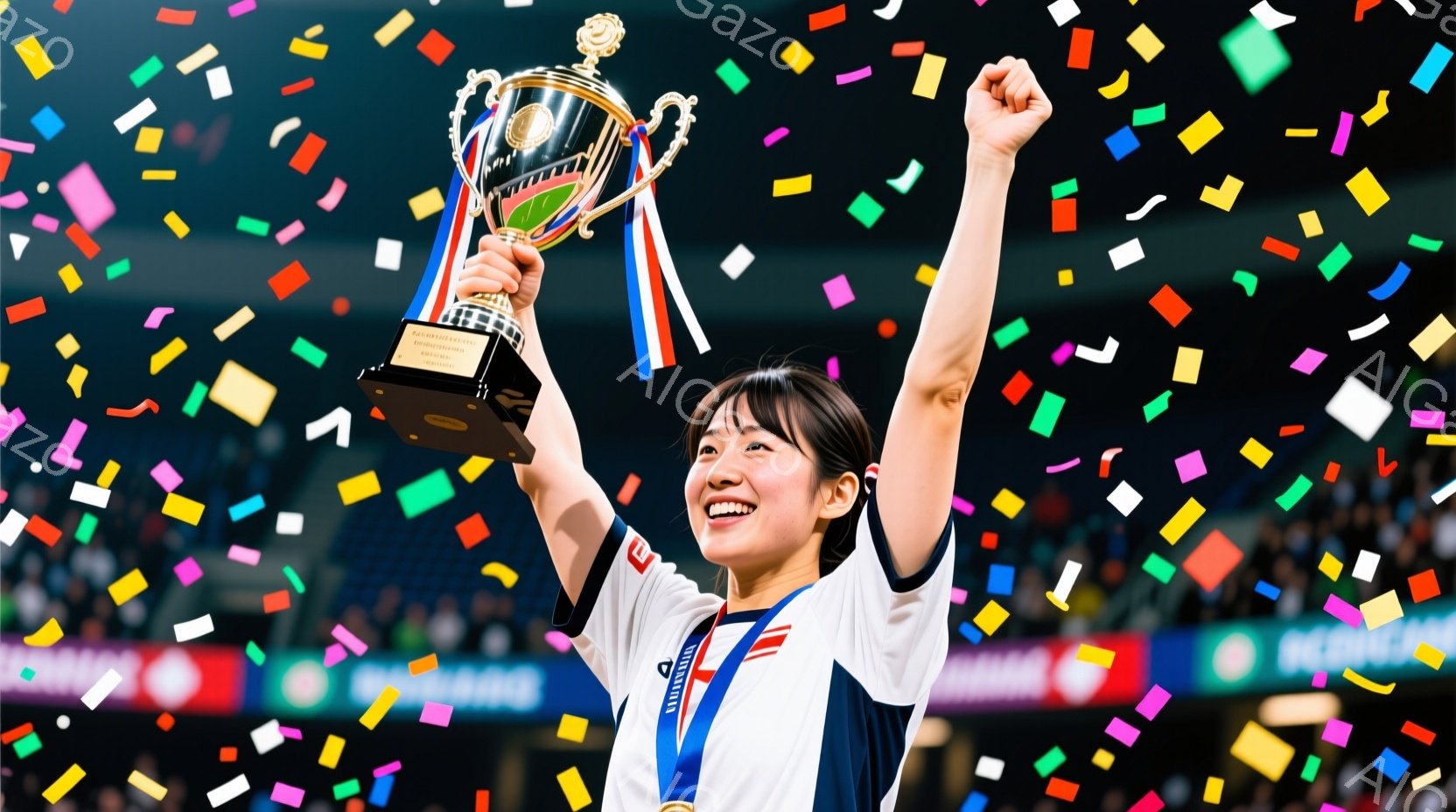 笑顔の女性が、勝利のトロフィーを高々と掲げています。白いサッカーユニフォームに紺色のラインが入り、髪は肩までの長さで、前髪は少し横に流れています。背景には観客席がぼやけて見え、カラフルな紙吹雪が舞い上 - AI生成フリー素材
