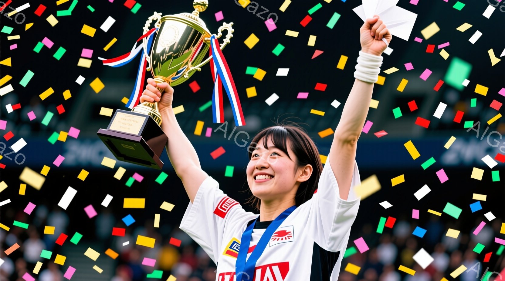 白いユニフォームを着た若い女性が、勝利のトロフィーを高く掲げています。彼女はショートヘアで、満面の笑みを浮かべ、喜びと興奮に満ちた表情をしています。背景には観客席と紙吹雪が舞い上がり、勝利の瞬間を祝う華やかな雰囲気が漂っています。