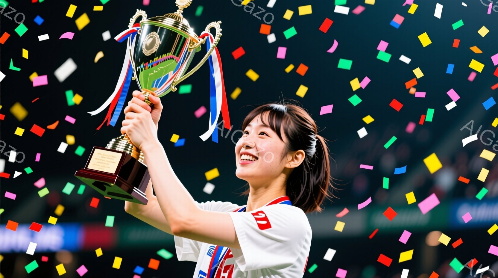 女性は勝利の喜びにあふれた表情で、高く掲げられたトロフィーを見つめている。彼女は赤いシャツに白のラインが入ったスポーツウェアを着ており、髪は後ろでポニーテールに結ばれている。背景には観客席が見え、色とりどりの紙吹雪が舞い、祝賀ムードを盛り上げている。