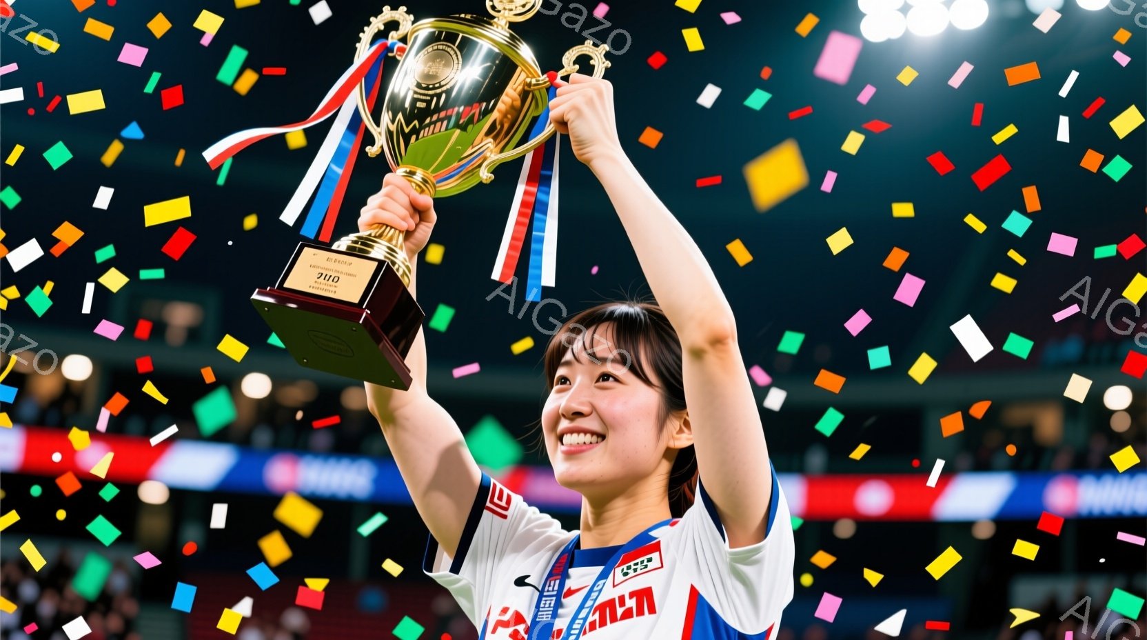 女性は白いユニフォームに赤いアクセントが入った服装で、両手を高く上げて金色のトロフィーを掲げています。彼女は黒髪で、満面の笑みを浮かべ、勝利の喜びを表現しています。背景には、多くの観客とカラフルな紙吹 - AI生成フリー素材