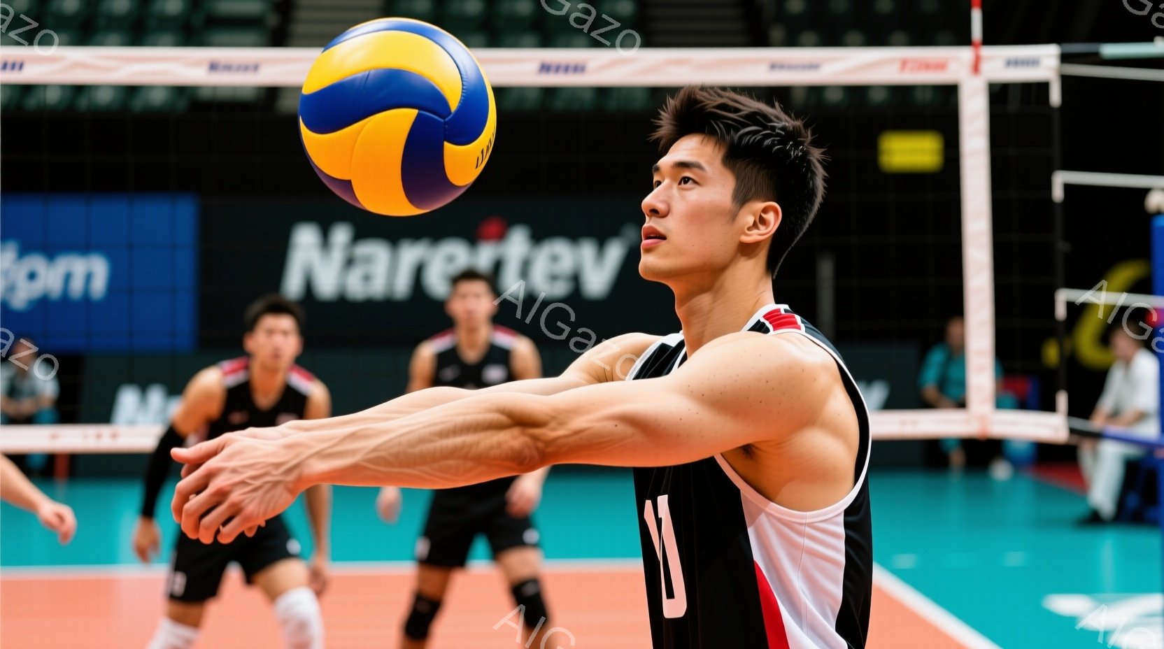 バレーボール選手がジャンプしてボールを出す瞬間を捉えた写真です。彼は黒と白のユニフォームを着用し、短く整えられた髪型で、集中した表情をしています。背景には他の選手たちが写っており、観客席や照明がぼやけ - AI生成フリー素材