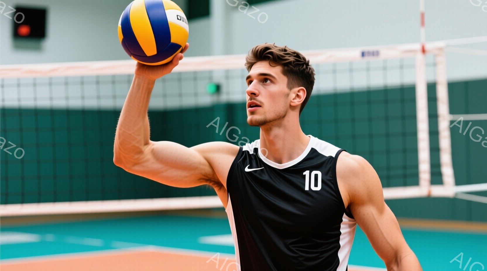 バレーボール選手が、黒と白のユニフォームを着て、片手にボールを持って構える姿が写っている。彼は短く整えられた髪を持ち、真剣な表情で、コートの緑と背景のネットが目に入る。 全体的に、競技に集中した、活気 - AI生成フリー素材