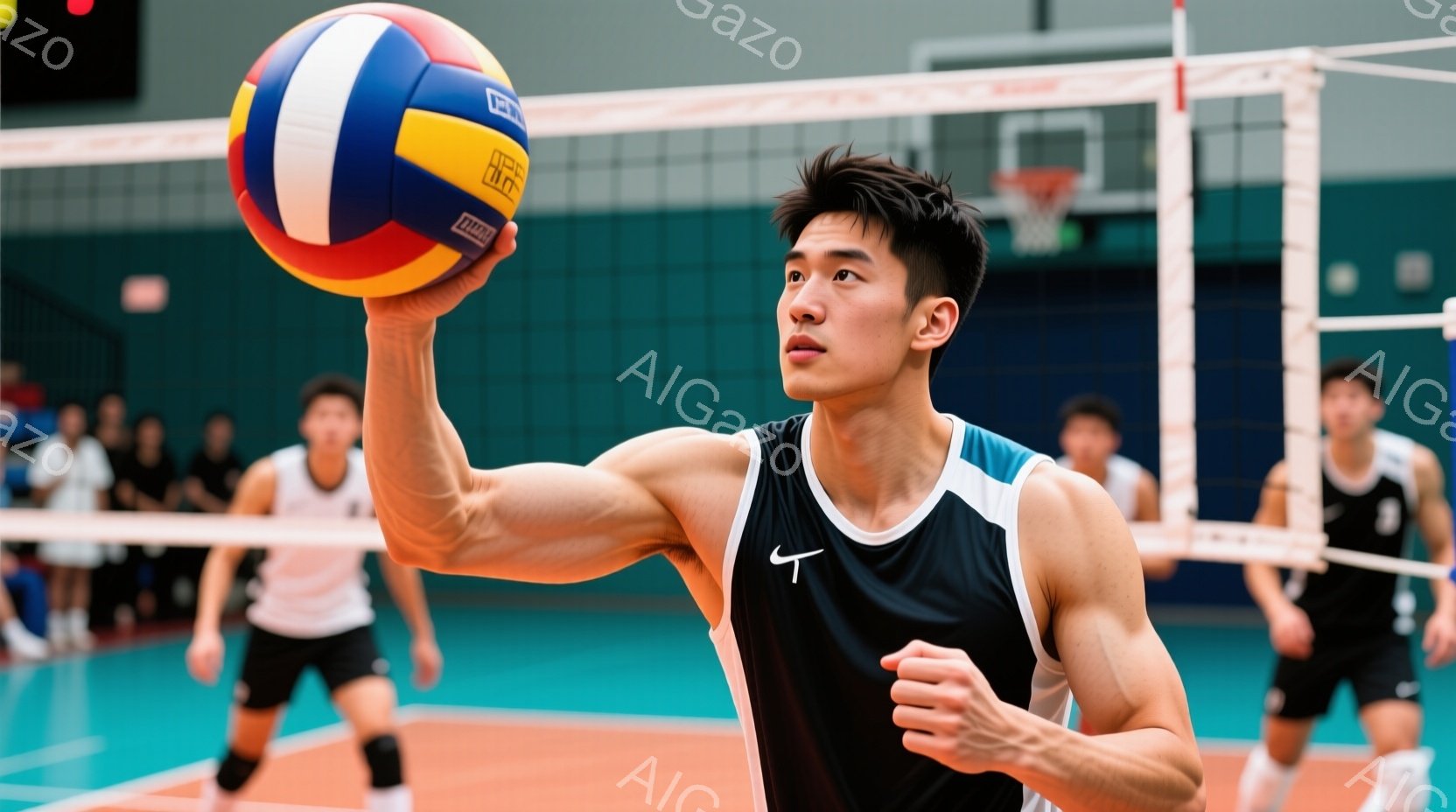 バレーボール選手がジャンプしてボールをオーバーヘッドパスしようとしている瞬間を捉えた写真です。黒と白のタンクトップと短パン姿で、引き締まった体格と真剣な表情が印象的です。背景には他の選手やネット、そし - AI生成フリー素材