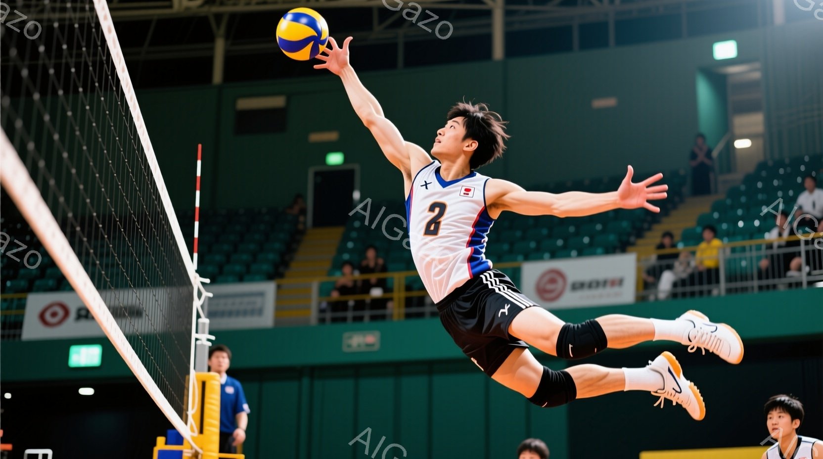 バレーボール選手がジャンプしてスパイクを打とうとしている瞬間を捉えた写真です。彼は白いシャツと黒いショートパンツを着用し、髪は短く整えられています。背景には観客席が見え、体育館の照明が明るく照らし出されています。