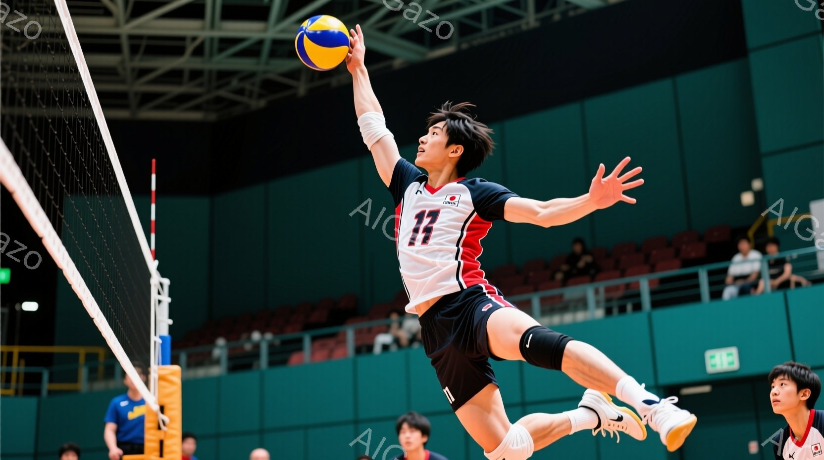 バレーボール選手がジャンプしてスパイクを打とうとしている瞬間を捉えた写真です。黒髪で、背番号17の入った白いユニフォーム、黒いショートパンツ、白いソックスとシューズを着用しています。背景には観客席が見 - AI生成フリー素材