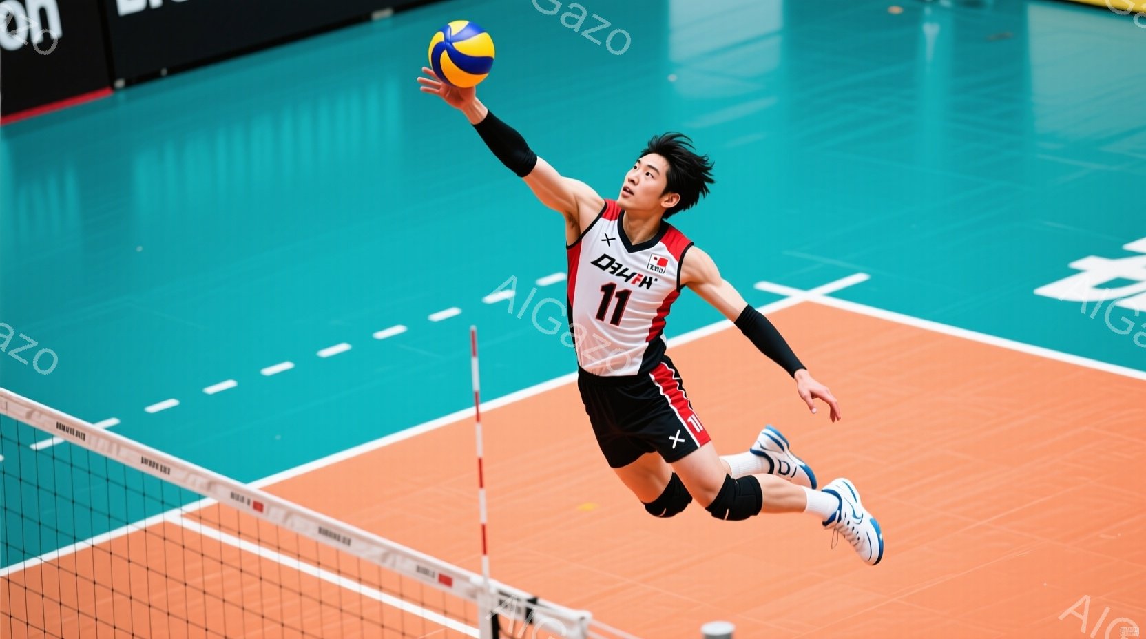 バレーボール選手がジャンプし、ボールをアタックしようとしている瞬間を捉えた写真です。黒と白のストライプが入ったユニフォームに「Daihwa」のロゴが入っており、背番号は11番です。背景はバレーボールコートで、ネットと床の明るい色が印象的です。