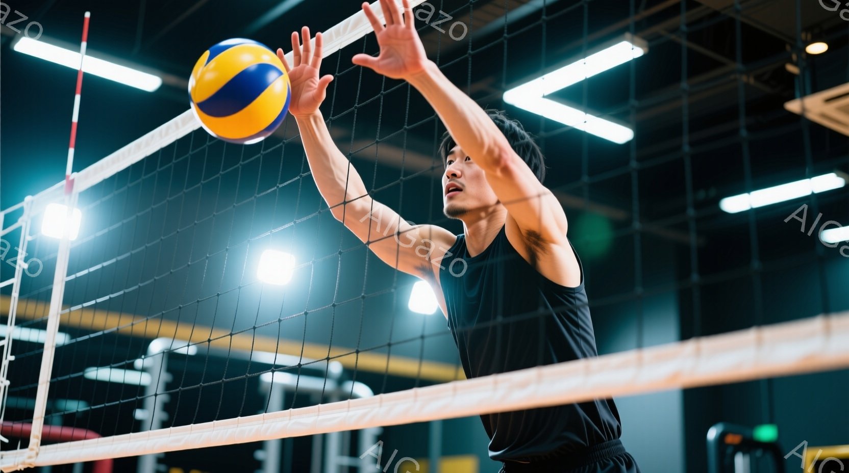 バレーボール選手がジャンプしてボールをブロックしようとしています。黒いタンクトップとショーツ姿で、髪は短く、集中した表情をしています。背景は体育館のネットと照明で、運動の活気を感じさせる雰囲気です。 - AI生成フリー素材