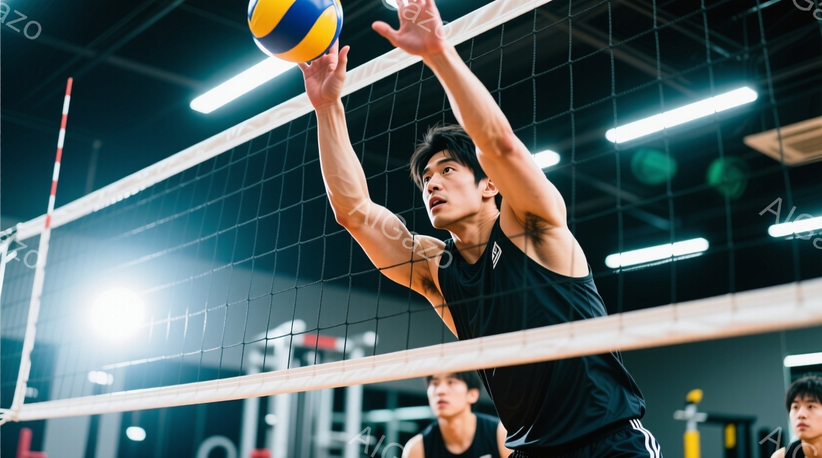 黒いタンクトップと短いパンツを着用した男性が、バレーボールのネット上でジャンプしてスパイクをしようとしています。彼の髪は短く、顔には集中した表情が見られます。背景には他の選手がおり、体育館の天井の照明 - AI生成フリー素材