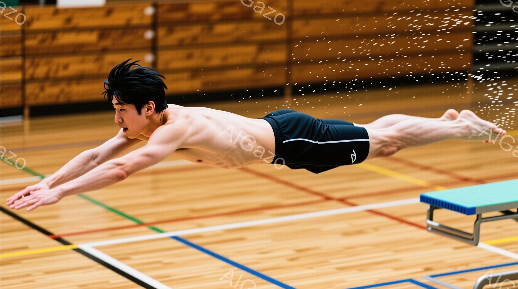 男子は水泳の飛び込み台から飛び降り、空中で体を伸ばして、まるで鳥のように飛んでいます。彼は黒い水着を着用し、濡れた髪が前方に広がっています。背景には水色のラインが入った体育館の床と、飛び込み台、そしてわずかに観客席が見えます。