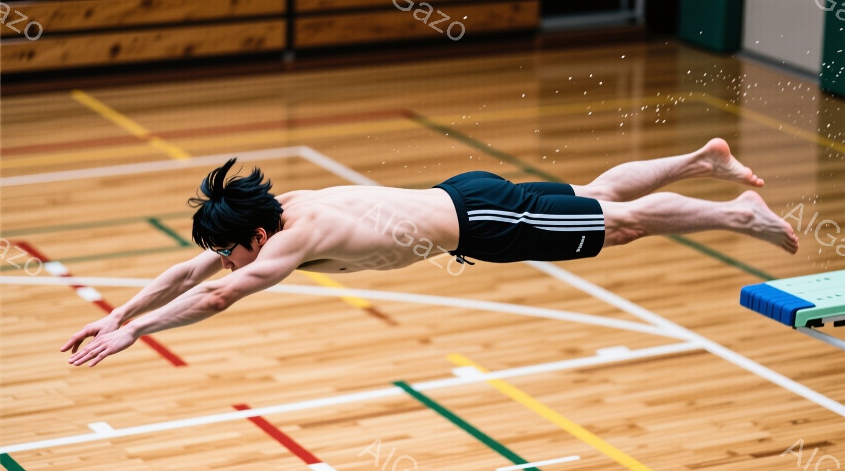 競技用水着姿の男性が、ダイビングボードの上から飛び込み、空中で体を伸ばしている様子が捉えられています。彼の髪は短く、前髪が少し落ちており、表情ははっきりと見えませんが、集中していることが伝わってきます - AI生成フリー素材