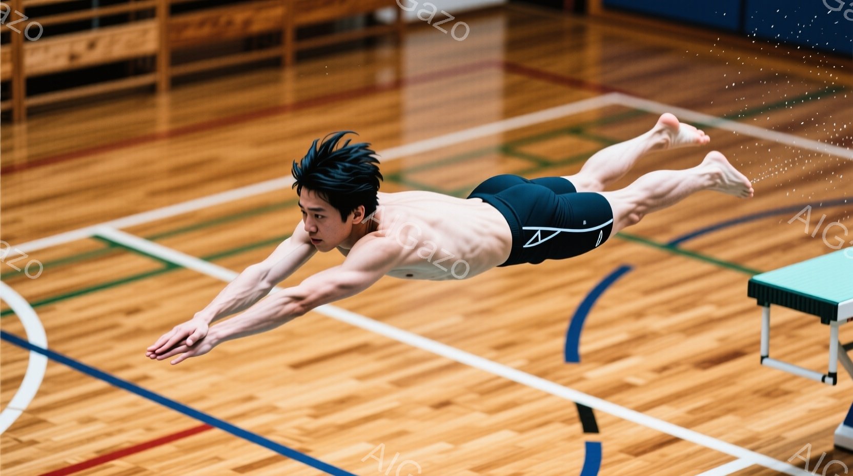 水泳競技中の男性が写っている。彼は黒い競泳用水着を着用し、黒髪を濡らして前方に伸ばしたポーズで、空中で体を水平に保っている。背景は木製の床と青いラインが走り、競技施設内であることがわかる。 - AI生成フリー素材