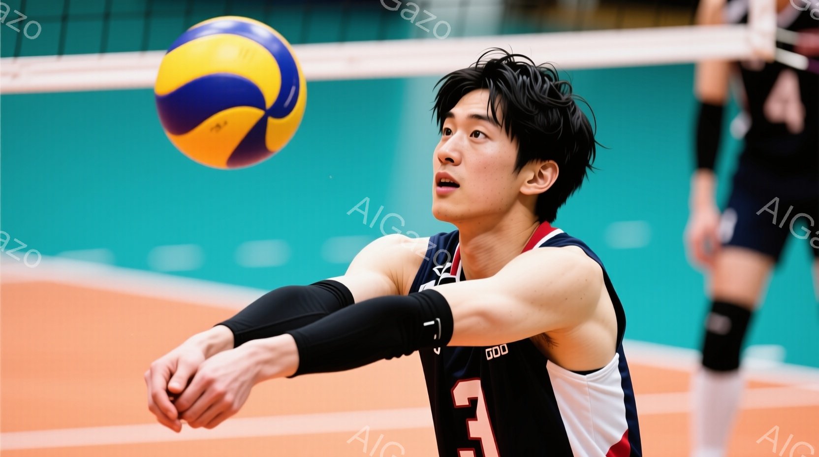 バレーボール選手が空中にあるボールを片手でキャッチしようとしている瞬間を捉えた写真です。彼は黒いヘアスタイルで、赤いアンダーシャツと黒い長袖のウェアを着用しており、集中した表情でボールを見つめています - AI生成フリー素材