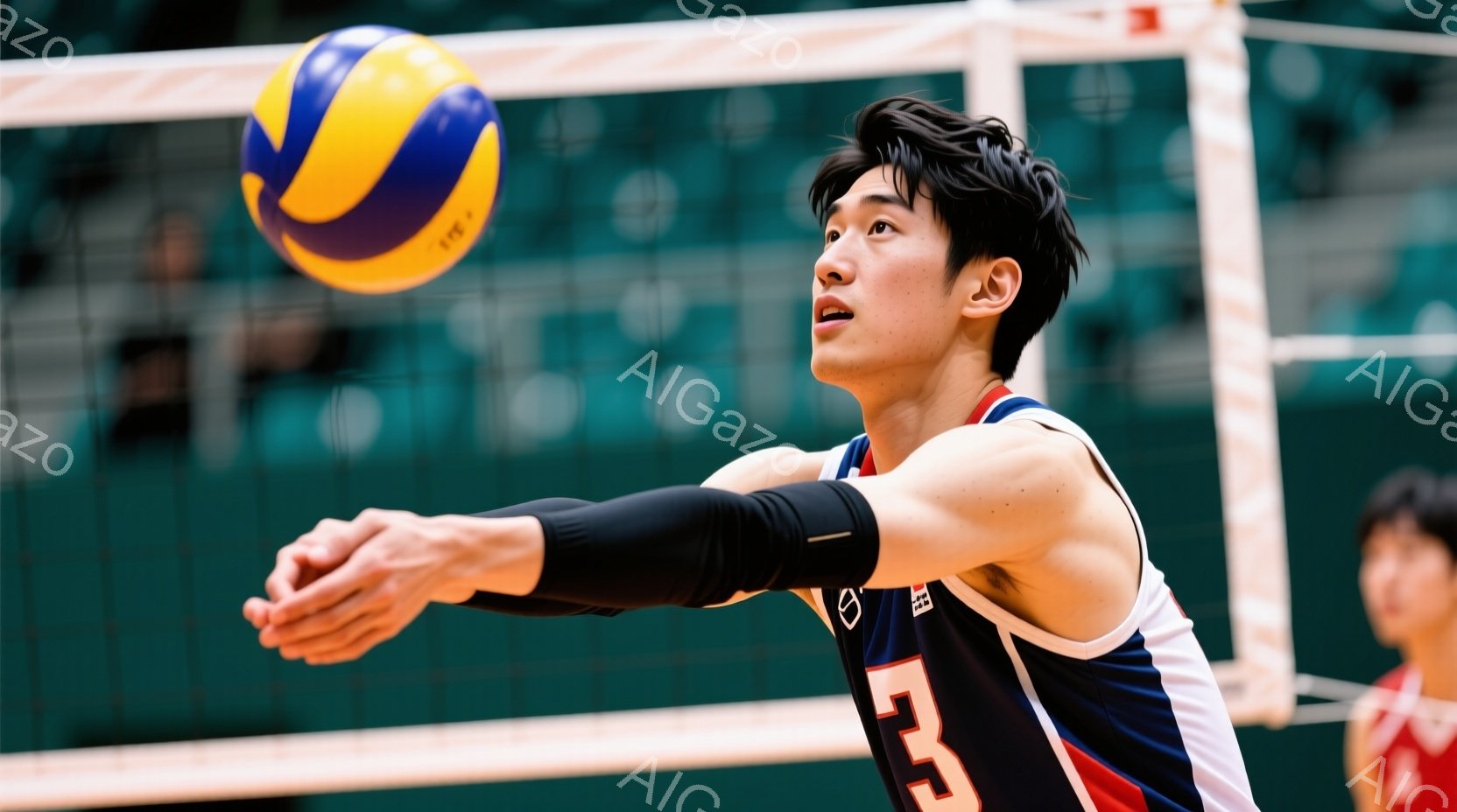 バレーボール選手がジャンプしてボールをブロックしようとしている瞬間を捉えた写真です。赤、白、青のストライプが入ったユニフォームを着ており、左腕には黒いリストバンドを付けています。背景にはネットと観客席が見え、競技場の活気を感じさせる一枚です。