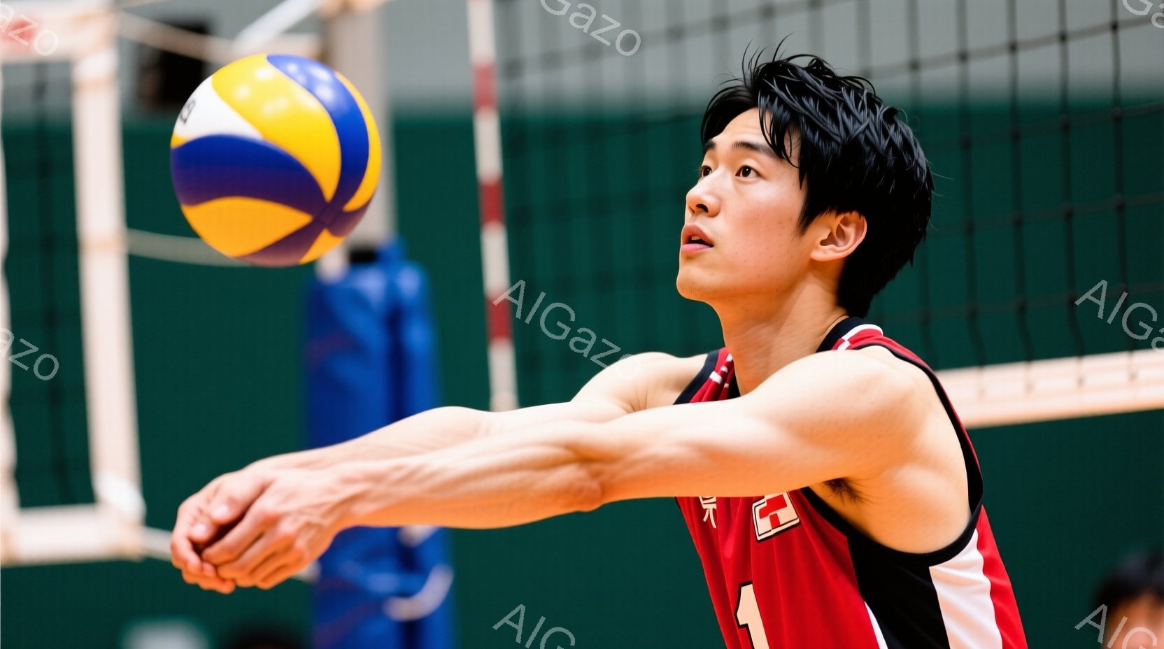 バレーボール選手がジャンプサーブの動作をしている写真です。彼は黒いヘアスタイルで、赤いタンクトップと黒いショーツを着用しており、集中した表情でボールを投げています。背景にはネットと青い壁が見え、体育館のような屋内空間で、活気のある競技の雰囲気が感じられます。